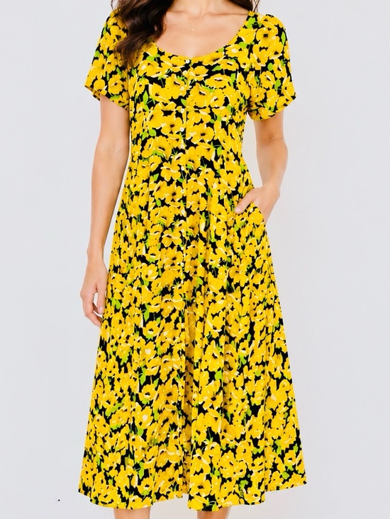 Dresses & Skirts - Vintage 90s Yellow Floral Button Down Midi Dress Cottagecore Coquette Boho